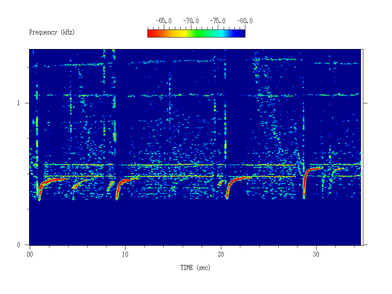 Spectrogram of Earth proton whistlers